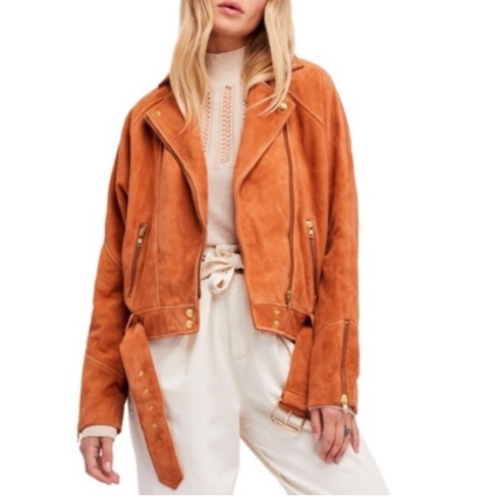 Free People Drapey Suede Oversized Tan Orange Moto Jacket Size XS